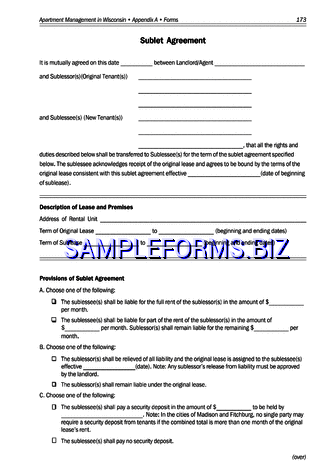 Wisconsin Sublease Agreement Form pdf free